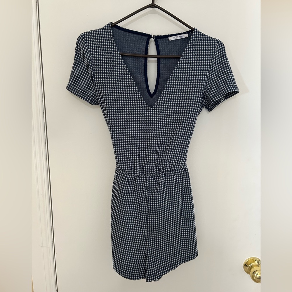 Zara Navy Checkered V-Neck Jumpsuit